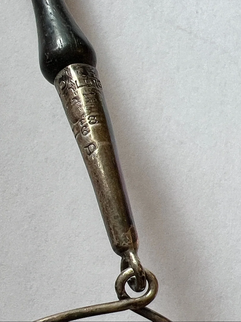 Antique Sterling Silver & Ebony dangling Victorian tea leaf strainer Repousse